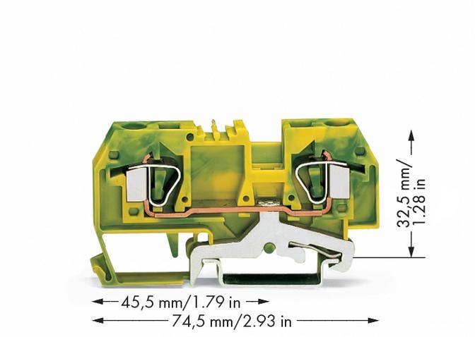 Rysunek żółto-zielonego bloku zacisków z wymiarami: 45,5 mm szerokości, 32,5 mm wysokości. Przedstawia wewnętrzne połączenia elektryczne.