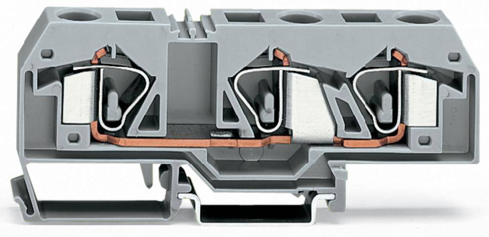 Szara listwa zaciskowa z trzema złączami. Przewodniki miedziane i metalowe styki są widoczne. Służy do połączeń elektrycznych.
