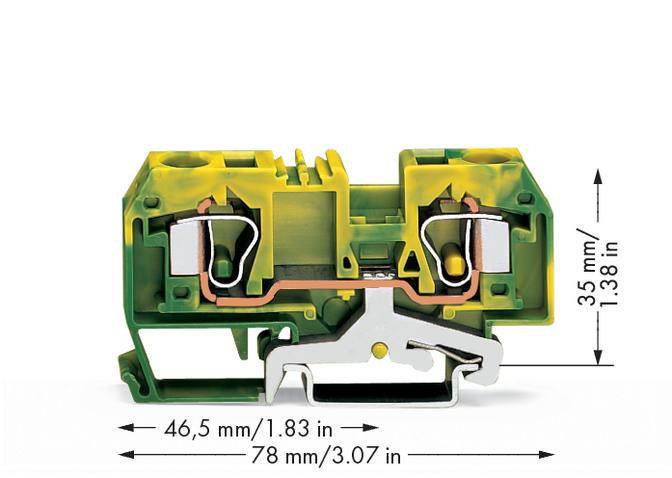 Złącza w kolorze zielono-żółtym do połączeń elektrycznych o wymiarach 46,5 mm x 35 mm x 78 mm, odpowiednie do uziemień przewodów.