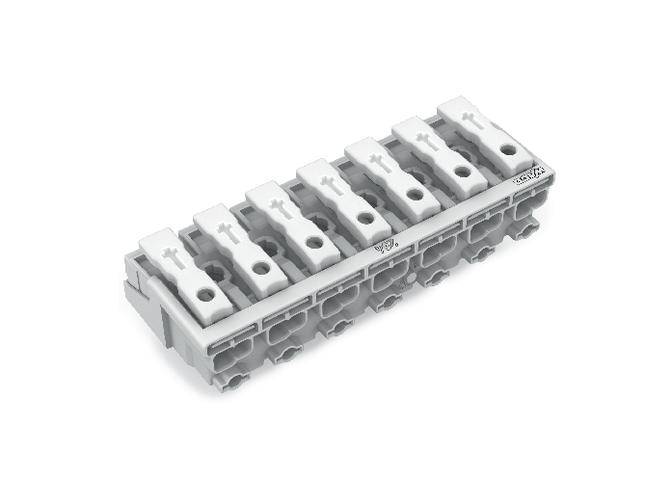 Szara, prostokątna elektryczna kostka przyłączeniowa z wieloma wejściami do przewodów. Służy do bezpiecznego łączenia przewodów elektrycznych.