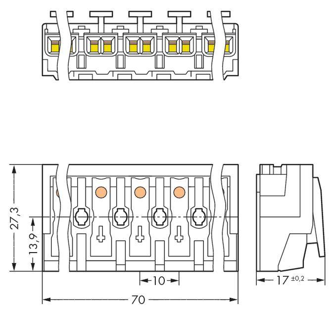 Rysunek techniczny elektrycznego złącza z wymiarami: długość 70 mm, wysokość 27,3 mm, szerokość 17 mm. Widok z góry, widok z boku, widok z przodu.