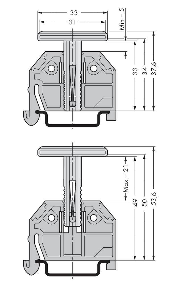 Rysunek techniczny dwóch przekrojów mechanizmu z wymiarami. Góra: Min. 5, dół: Maks. 21.