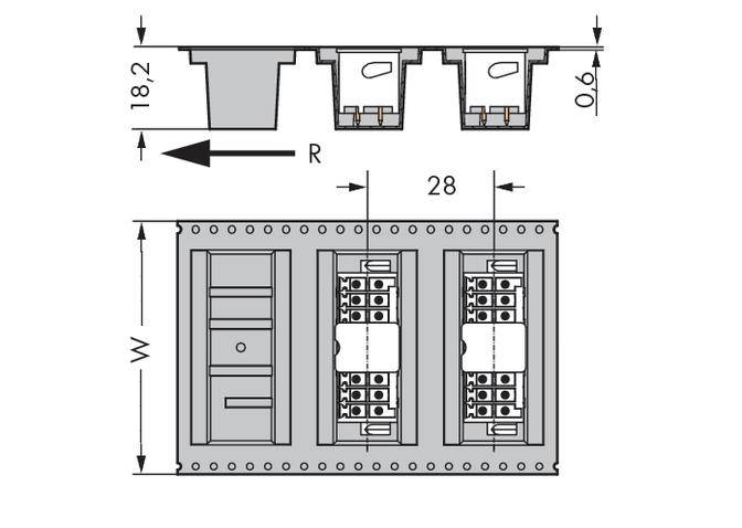 Rysunek techniczny złącza elektrycznego z wymiarami. Zawiera wskazania długości: wysokość 18,2 oraz szerokość 28 mm.