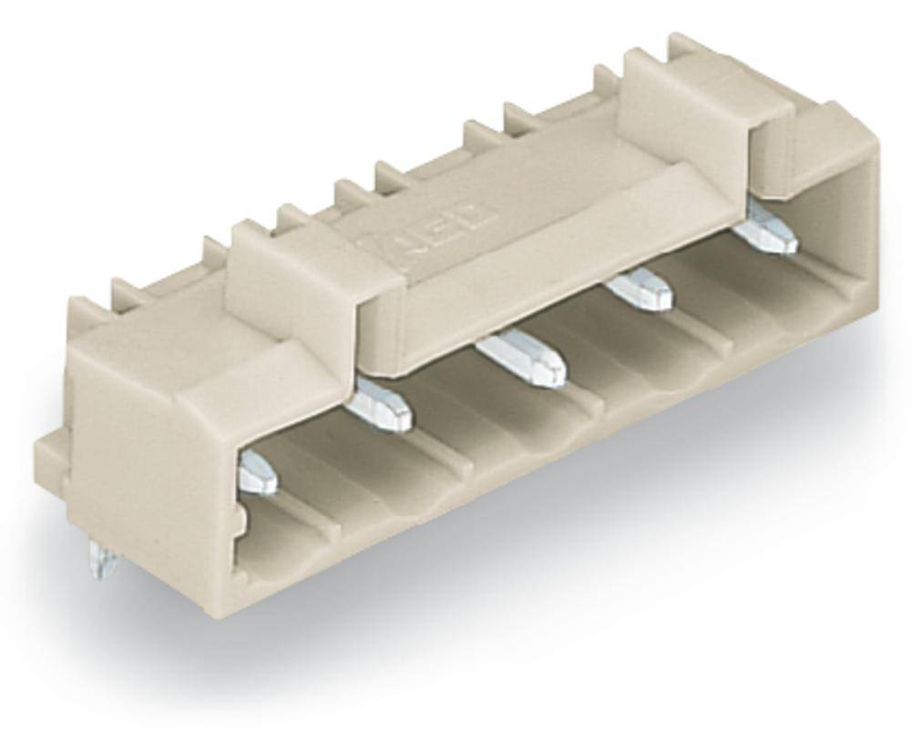 Szary złącze elektroniczne z sześcioma stykami i zaczepami mocującymi, przeznaczone do montażu na płytce drukowanej.