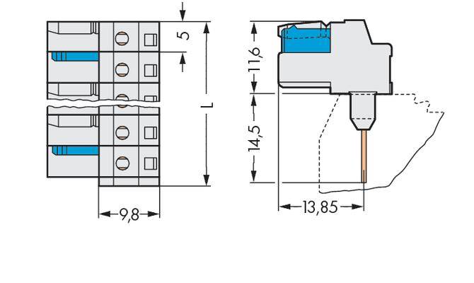 Rysunek techniczny złącza elektrycznego z wymiarami: długość 9,8 mm, szerokość 5 mm, wysokość 11,6 mm; długość pinów lutowniczych 13,85 mm.