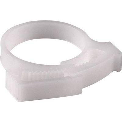 Biały plastikowy pierścień gwintowany z bocznym mechanizmem zamykającym, prawdopodobnie pierścień uszczelniający do rur lub węży.