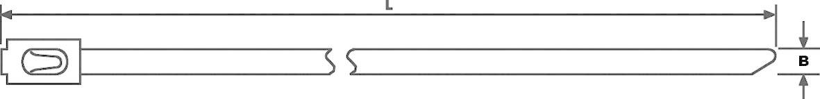 Rysunek techniczny długiego narzędzia o prostokątnym profilu i chwytowej końcówce. Podane są wymiary długości (L) i szerokości (B).