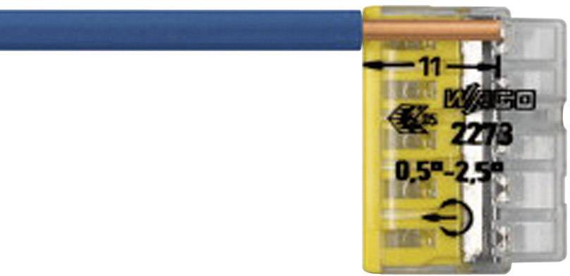 Elektryczny złącznik kablowy, częściowo przezroczysty, pokazuje podłączony przewód miedziany. Odpowiedni dla przewodów o przekroju od 0,5 do 2,5 mm².