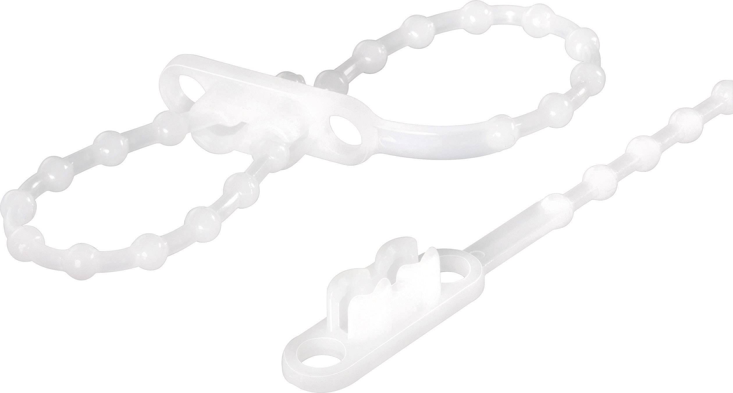 Biały plastikowy opaska zaciskowa o prążkowanej powierzchni i dwóch pętlach. Odpowiednia do zabezpieczania i organizowania przewodów.