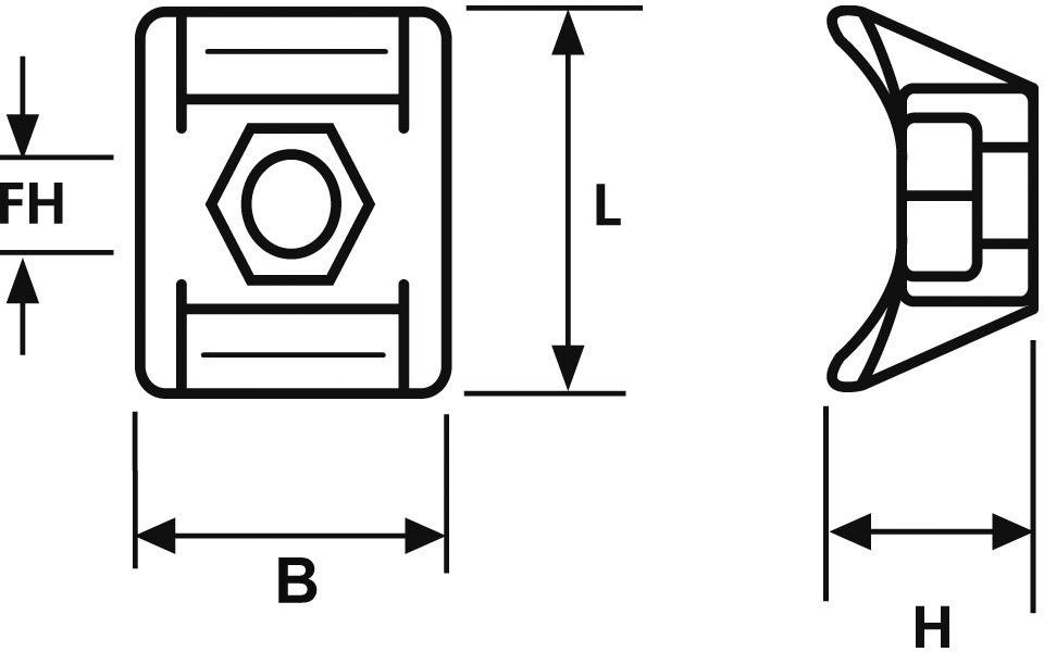 Rysunek techniczny obiektu kwadratowego z wymiarami: B (szerokość), H (wysokość), L (długość) i FH (wysokość fundamentu). Rysunek przedstawia widok z góry oraz widok z boku.