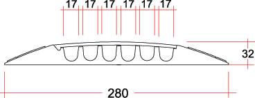 Przekrój powierzchni strukturalnej. Wymiary: 280 mm szerokości, 32 mm wysokości, regularne odstępy co 17 mm.