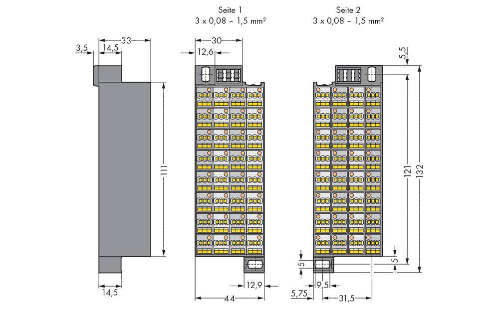 Schemat pokazuje dwie widoki elektrycznego złącza wtykowego z podanymi wymiarami. Oznaczone jako 'strona 1' i 'strona 2', rozmiary przewodów 3x0,08-1,5mm².
