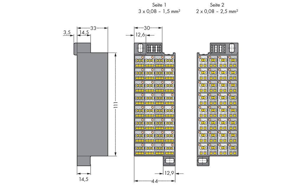 Rysunek techniczny złącza elektrycznego. Przedstawia widok z przodu, z boku oraz przekrój poprzeczny z wymiarami i rozmieszczeniem pinów.