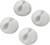 Cztery białe uchwyty kablowe z silikonu, okrągłe, z centralnym zagłębieniem do mocowania kabli.