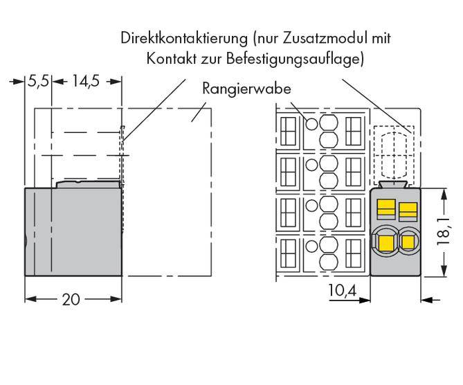 Rysunek techniczny urządzenia z wymiarami. Przedstawia bezpośrednie podłączenie, rozmieszczenie elementów i gabaryty modułu.