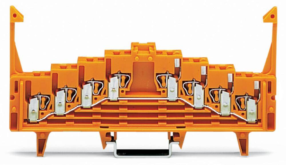Pomarańczowy modularny blok zaciskowy z wieloma przyłączami, o symetrycznej budowie, przeznaczony do połączeń elektrycznych w rozdzielniach.
