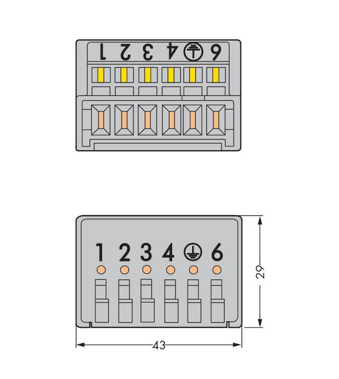 Przedstawiono złącza elektryczne, ponumerowane od 1 do 6, z symbolem śruby nad złączem 5. Wymiary: 43x29 mm.