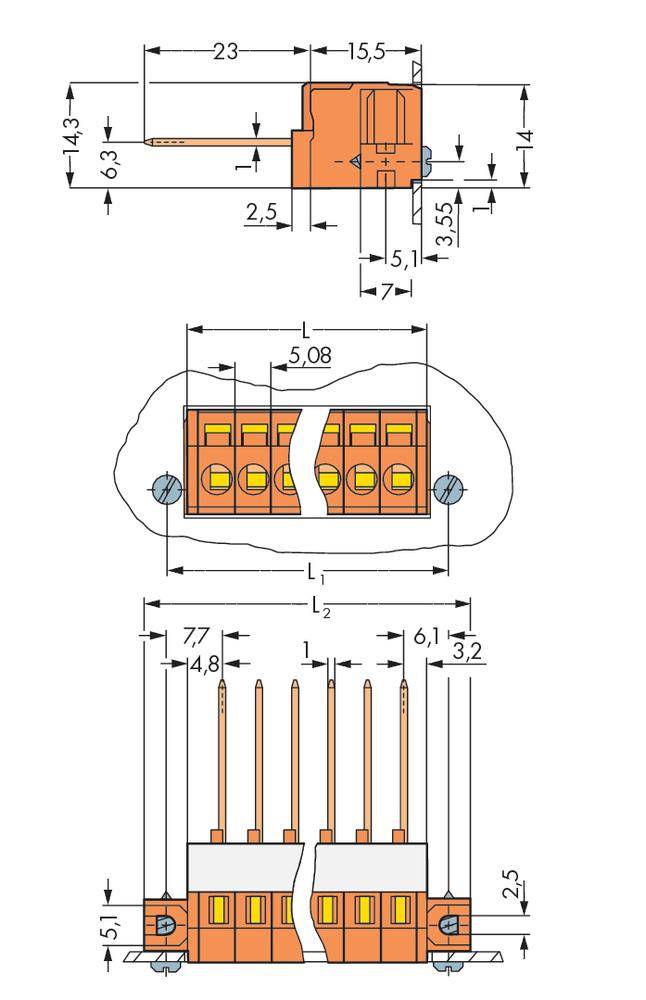 Rysunek techniczny złącza elektrycznego z wymiarami w milimetrach: 23x15,5 góra, 5,08x14,8 środek, 7,7x14,8 dół.