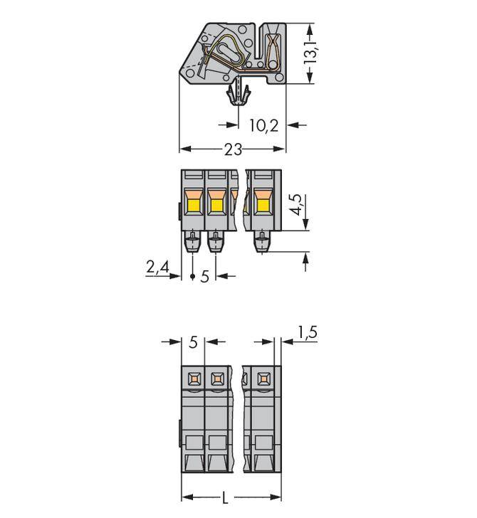 Rysunek techniczny złącza elektrycznego z wymiarami w milimetrach, przedstawiający widok z boku i z przodu.