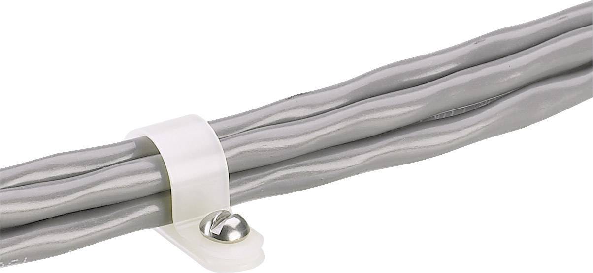 Dwa szare kable przymocowane białą opaską kablową ze śrubą do powierzchni.