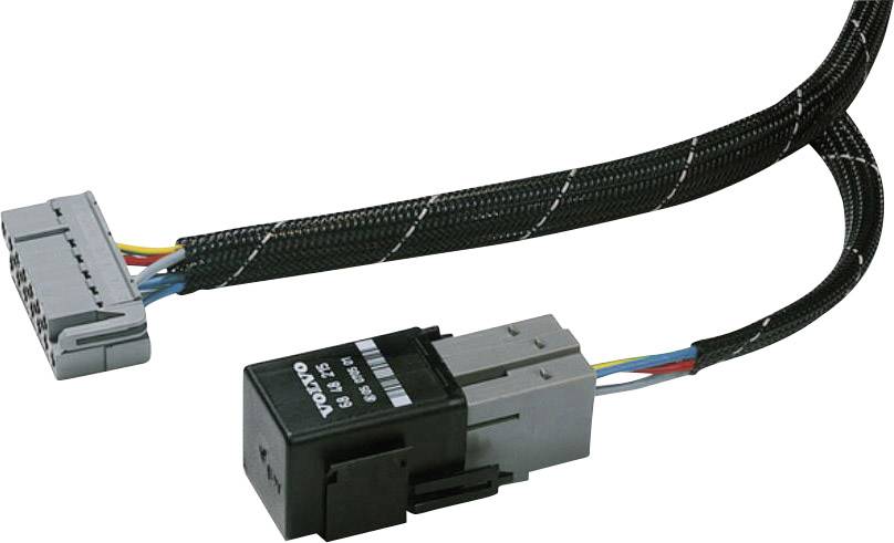 Elektryczny wtyk z wieloma przewodami owiniętymi czarną izolacją. Odpowiedni do połączeń w pojazdach lub maszynach.