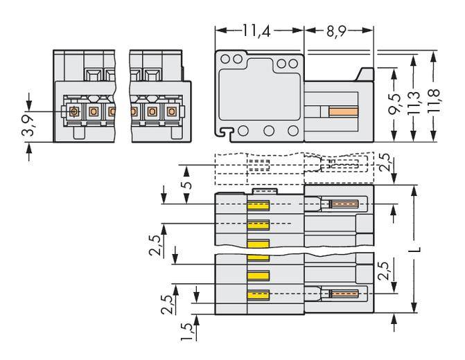 Złącze w diagramie technicznym o wymiarach: szerokość 11,4 mm, głębokość 8,9 mm, wysokość 11,8 mm. Przedstawiono widok z góry i widok z boku.