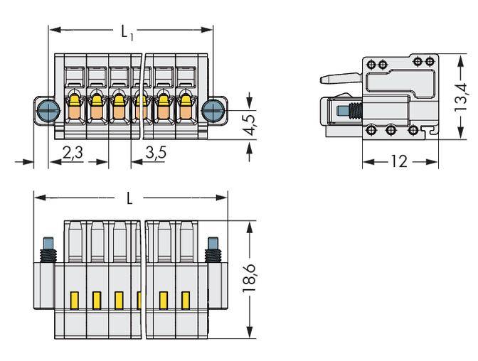 Rysunek techniczny urządzenia elektrycznego z wymiarami w milimetrach: 13,4 wysokość, 12 szerokość, 18,6 głębokość.