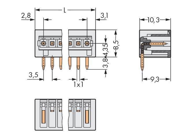 Diagram przedstawia rysunek techniczny złącza z wymiarami. Widok z przodu, z boku i z góry z pomiarami w milimetrach.