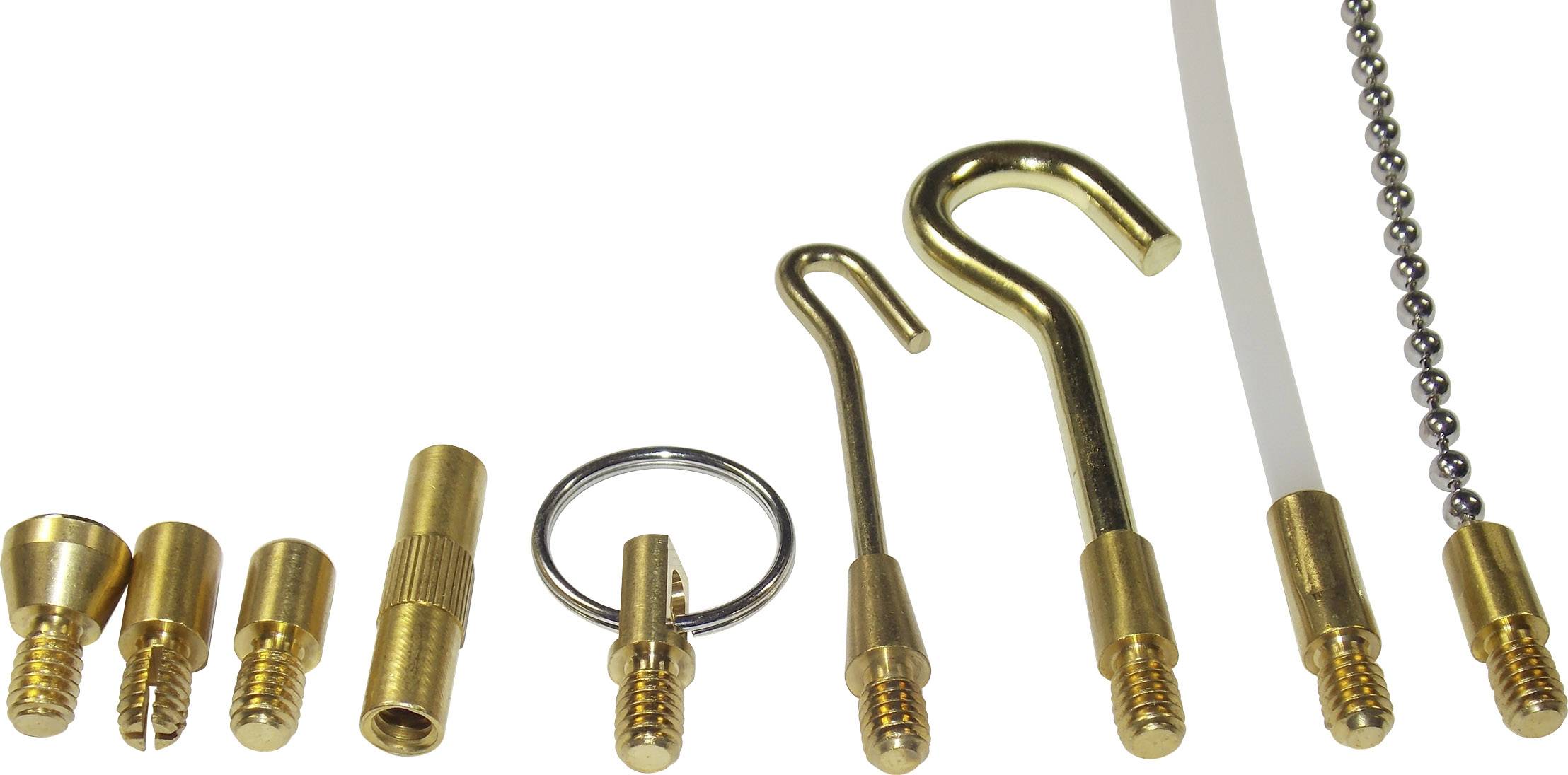 Różne pozłacane elementy wyposażenia w różnych kształtach, w tym haczyki i łańcuchy, ułożone na białym tle.