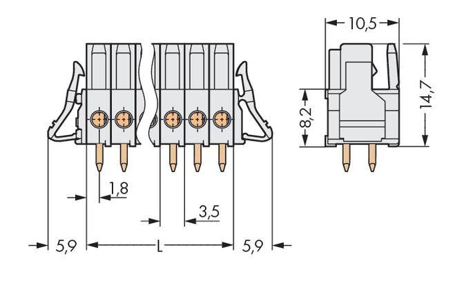Rysunek techniczny wtyczki elektronicznej z wymiarami: szerokość 10,5 mm, wysokość 14,7 mm, widok szczegółowy z rozstawem pinów.