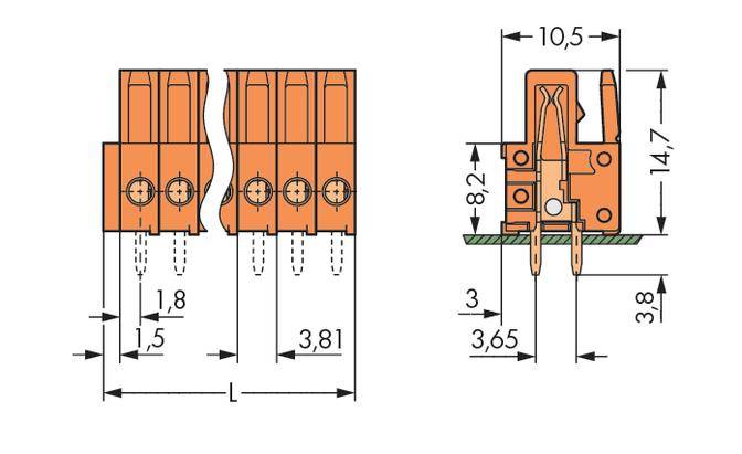 Rysunek techniczny dwóch widoków złączy elektrycznych z wymiarami w milimetrach. Przedstawia długości, szerokości oraz rozmieszczenie styków.