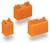 Trzy pomarańczowe złącza elektroniczne o różnych rozmiarach, każde z wieloma wejściami i stykami.