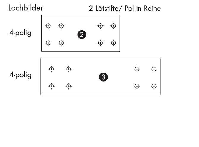 'Lochbilder': Dwa prostokątne obszary, każdy z 4 otworami. Górny obszar: 2 rzędy lutownicze, dolny obszar: 8 otworów w dwóch rzędach.