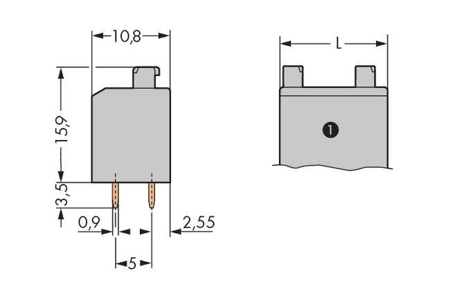 Rysunek techniczny elektrycznej wtyczki z wymiarami: szerokość 10,8 mm, wysokość 15,9 mm, pozostałe wymiary 3,5 mm, 5 mm, 2,55 mm, 0,9 mm.