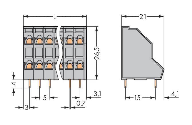 Rysunek techniczny wielobiegunowego złącza elektrycznego z wymiarami: szerokość 21 mm, długość 15 mm, wysokość 26,5 mm. Oznaczone są kontakty i odstępy.