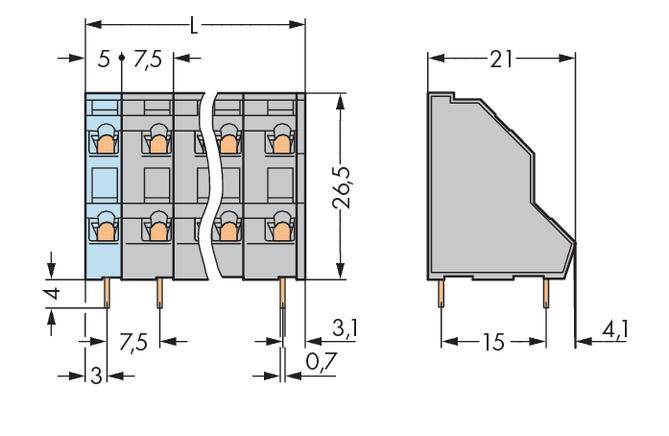 'Techniczny rysunek złącza: wymiary w milimetrach. Szerokość, wysokość i głębokość z precyzyjnymi odległościami między komponentami.'
