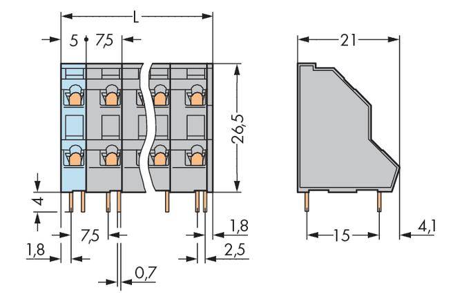 Rysunek techniczny złącza elektrycznego z wymiarami: wysokość 26,5 mm, szerokość 21 mm. Szczegóły konfiguracji pinów.