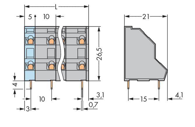 Rysunek techniczny elementu z wymiarami w milimetrach. Przedstawia widok z przodu i z boku oraz pozycje złączy.
