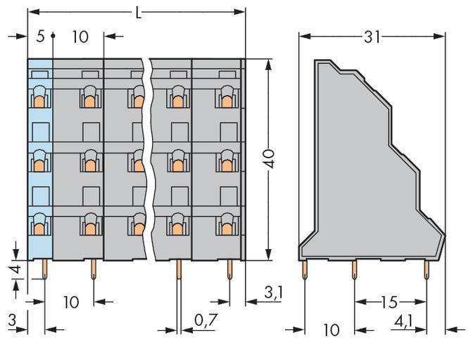 Rysunek techniczny złącza elektronicznego z wymiarami i oznaczeniami. Przedstawiono widoki boczne i górne.