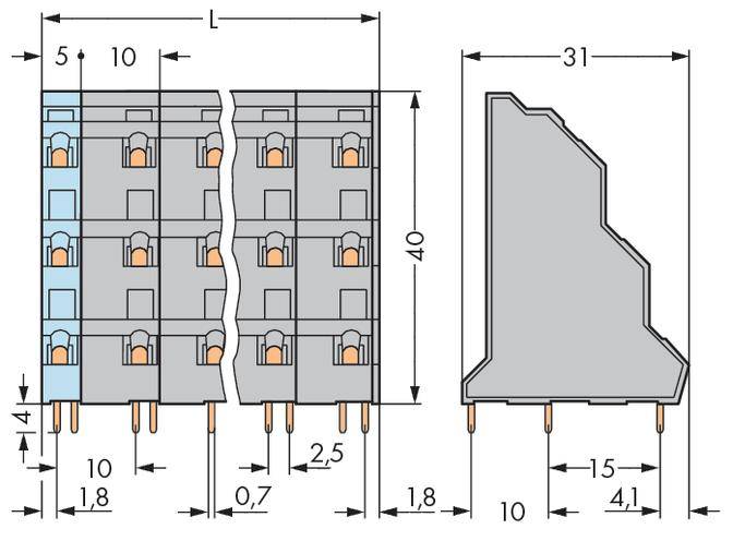 Rysunek techniczny wielobiegunowego złącza z dokładnymi wymiarami w milimetrach, widok z boku i z przodu.