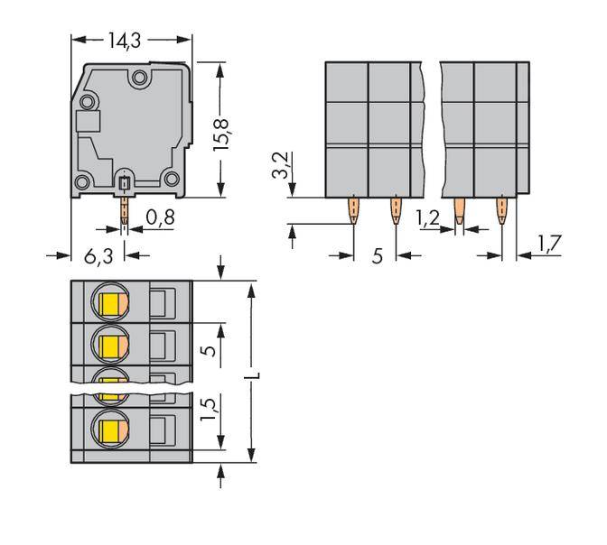 Rysunek techniczny wtyczki elektrycznej z wymiarami w milimetrach: wysokość 15,8, szerokość 14,3 oraz pozostałymi oznaczeniami wymiarów.