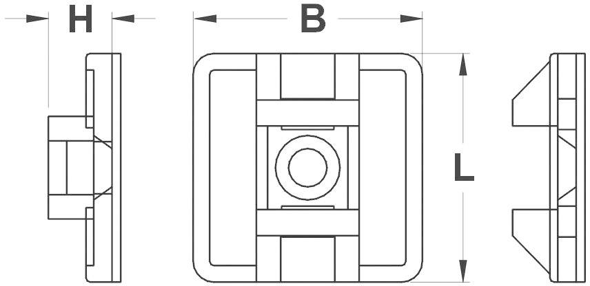 Rysunek techniczny elementu kwadratowego z wymiarami H, B i L. Dwa widoki przedstawiają szczegóły z przodu i z boku.