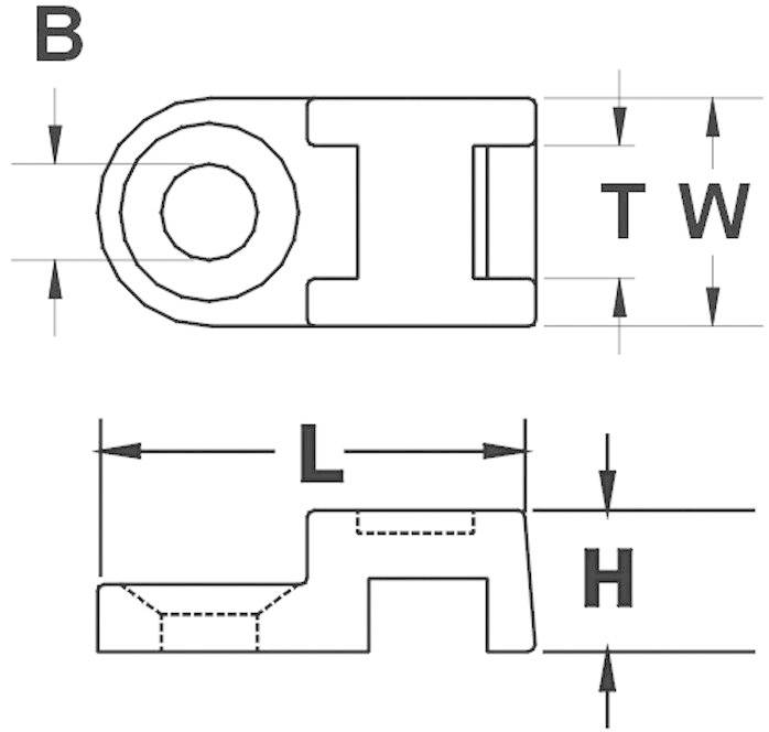 Rysunek techniczny złącza metalowego z oznaczeniami: szerokość (B), grubość (T), długość (L), wysokość (H).
