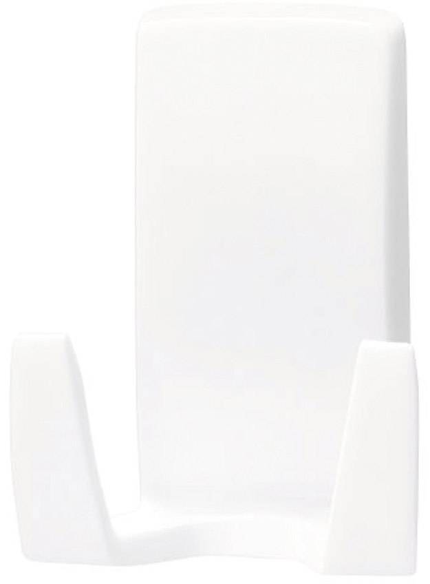 Biały, plastikowy uchwyt na telefon, stojący, odpowiedni do umieszczenia smartfona.