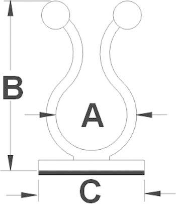 Diagram U-kształtnej struktury metalowej z oznaczeniami A, B i C. 'A' wskazuje wysokość kształtu, 'B' szerokość, a 'C' szerokość podstawy.