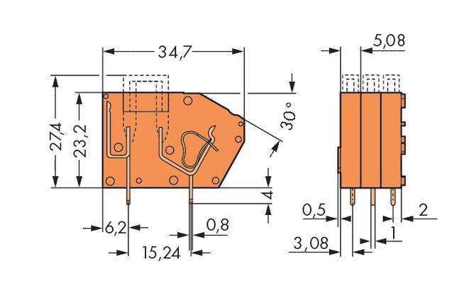Rysunek techniczny elementu elektrycznego z wymiarami w milimetrach. Widok główny po lewej stronie, widok boczny po prawej stronie.