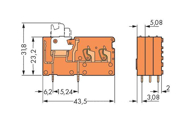 Rysunek techniczny elementu elektronicznego z wymiarami: szerokość 43,5 mm, wysokość 31,8 mm, głębokość 15,24 mm. Widoczne styki wtykowe.