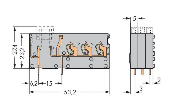 Rysunek techniczny przekaźnika z wymiarami: wysokość 27,4 mm, szerokość 53,2 mm, głębokość 15 mm. Przedstawia konfigurację wewnętrzną i podłączenia.