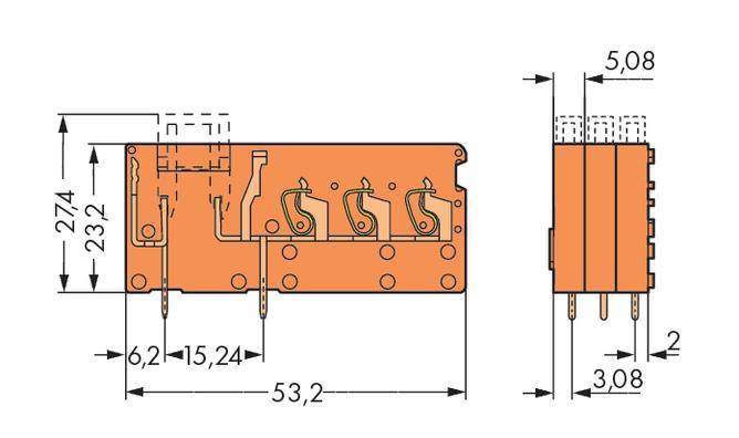 Rysunek techniczny przekaźnika elektrycznego z wymiarami: wysokość 27,4 mm, szerokość 53,2 mm, głębokość 15,24 mm. Widok z przodu i z boku.