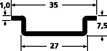 Przekrój poprzeczny profilu metalowego: góra 35 mm, dół 27 mm, wysokość 7,5 mm, grubość materiału 1,0 mm.